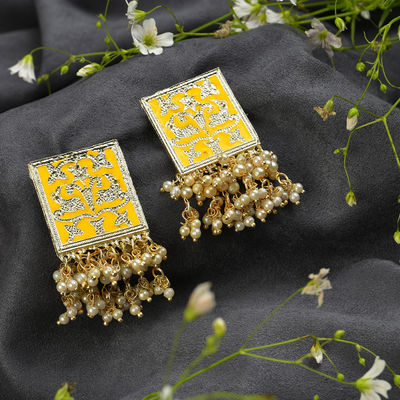 Sohi Yellow Gold Plated Contemporary Meenakari Drop Earrings