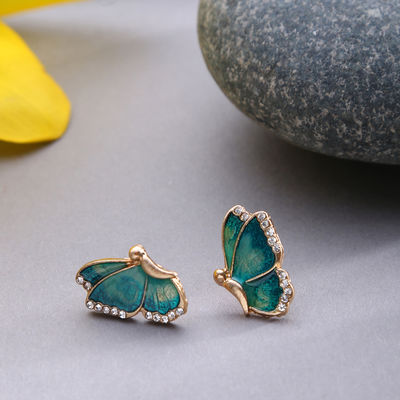 Sohi Green Gold-Plated Butterfly Enamelled Contemporary Studs Earrings