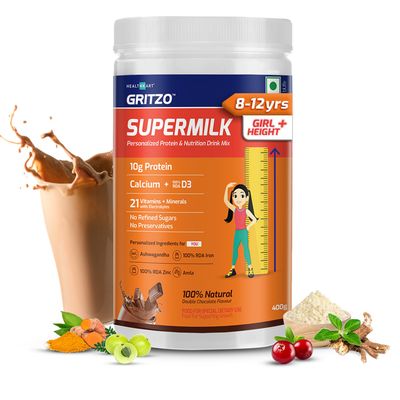 Gritzo Supermilk Height+ (8-12Y Girls), 10G Protein (Double Chocolate)