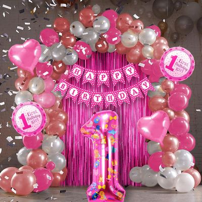 Just Party 1St Birthday Girl Decoration Set - Pink Balloons, Foil Balloons, And Diy Banner