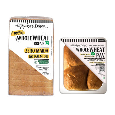 The Baker'S Dozen 100% Wholewheat Bread - No Maida No Palm Oil(450gms) & The Baker'S Dozen Wholewheat Pav (Sourdough) 100% Wholewheat(220gms) Combo