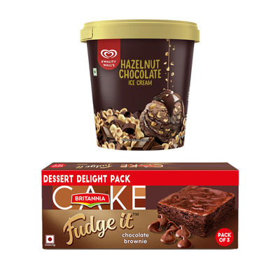 Kwality Wall'S Hazelnut Chocolate Ice Cream Tub(500ml) & Britannia Fudge It Chocolate Brownie (With Egg)(120gms) Combo