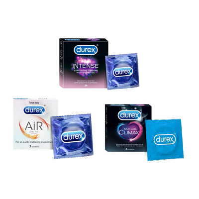 Durex Intense Condoms for her - Three Count Dotted and Ribbed condom with Desirex gel(3pc), Durex Air Ultra Thin Condoms(3pc) & Durex Condoms Mutual Climax(3pc) Combo