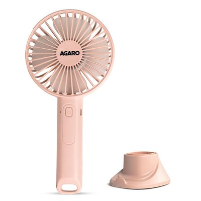 Agaro Elite Mini Portable Fan, 4 Inches, 2000 Mah Battery, 3 Speed Option And Table Dock, Pink
