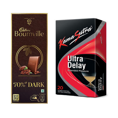 Cadbury Bournville Rich Cocoa 70% Dark Chocolate Bar(80gms) & Durex Air Condom - Ultra Thin Condoms(20pc) Combo