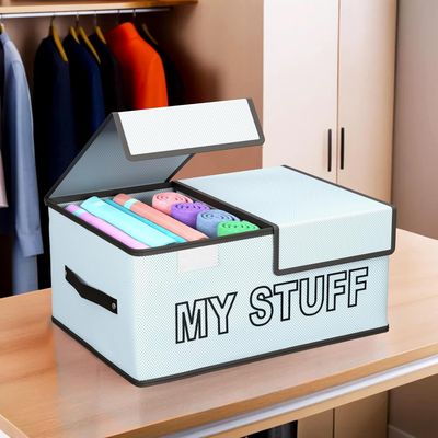 Kuber Industries My Stuff Foldable Storage Organiser with Double Lid|Cupboard Drawer|Grey
