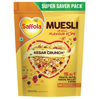 Saffola Muesli Kesar Crunch With Flavour Pops | 15 In 1 Fruit And Nuts | Seeds, Millet & More