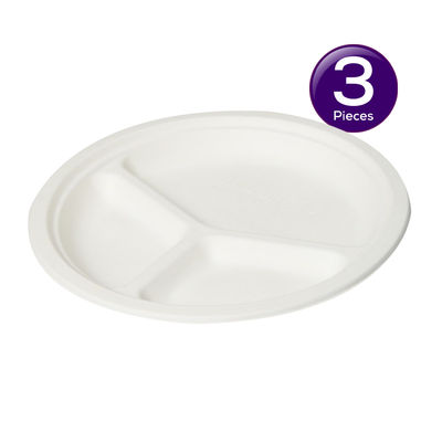 Vinay Trading Disposable Bagasse Paper Plates - 10 inch | Round | 3 Compartment 15 pc Combo