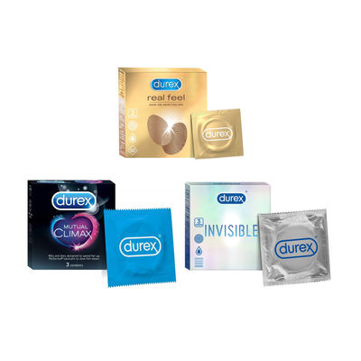 Durex Condoms Mutual Climax(3pc), Durex Real Feel Condoms(3pc) & Durex Invisible Super Ultra Thin Condoms for Men(3pc) Combo