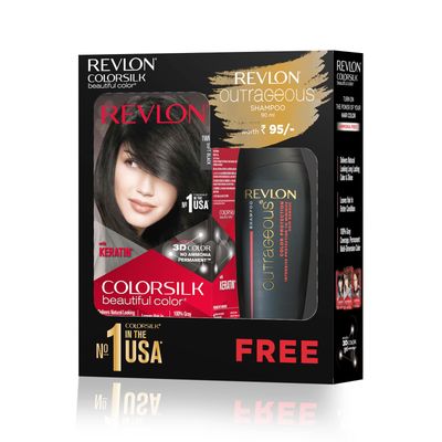 Revlon ColorSilk Hair Color with Keratin - 1WN Soft Black - (with Outrageous Shampoo 90 ml)