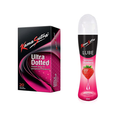 Kama Sutra Ultra Dotted Condoms(20pc) & Kama Sutra Personal Lube Strawberry(50ml) Combo