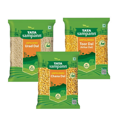 Tata Sampann Unpolished Toor Dal/Arhar Dal 1kg, Unpolished Urad Dal 500gms & High Protien Chana Dal - Split 500 gms Combo