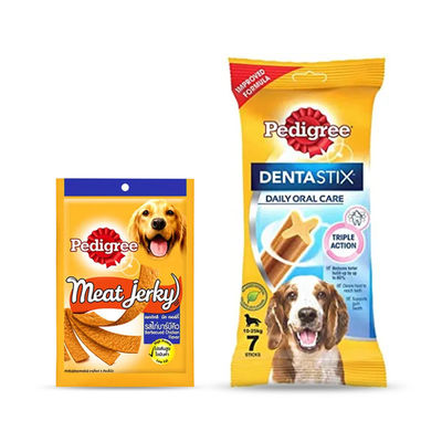 Pedigree Dentastix Dog Treat Oral Care for Adult Medium Breed (10-25 kg)(180gms) & Pedigree Meat Jerky Adult Dog Treat , Barbecued Chicken(80gms) Combo
