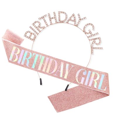 Party Propz Birthday Girl Sash And Crown - Rose Gold 2 Pcs Birthday Decoration Items for Girl
