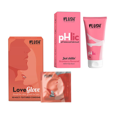 Plush Male Condom-Love Glove-Multi Textured|Designed For Women Pleasure(10pc) & Plush Phlic Lubricant - Strawberry Chill(50gms) Combo