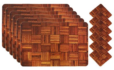 Kuber Industries PVC Wooden Design 6 Piece Dining Table Placemat Set with Tea Coasters|Brown