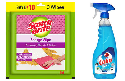 Colin Glass and Surface Cleaner Liquid Spray Regular 500 ml & Scotch Brite Sponge Wipes 3 pc Combo