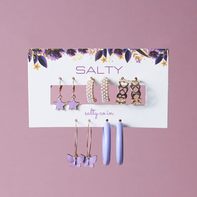 Salty Fashion Set of 5 Lilac Golden Hoop Set for Women