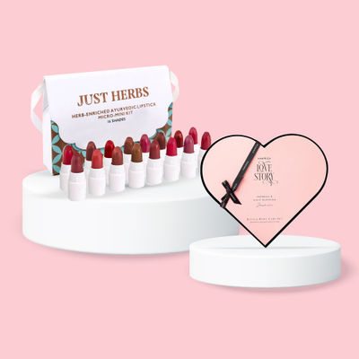 Kimirica Love Story Moment Gift Set | 7-In-1 Luxury Bath Kit With Loofah, Lotion, Salt, Soap & More (1pc) & Just Herbs Ayurvedic Lipstick Micro-Mini Trial Kit | Multicolor (7g) Combo