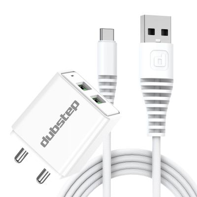 Dubstep Sprint 16W 3.1A Dual Usb Port Superfast Charger Adapter (With Cable Usb-A To Type-C, White)