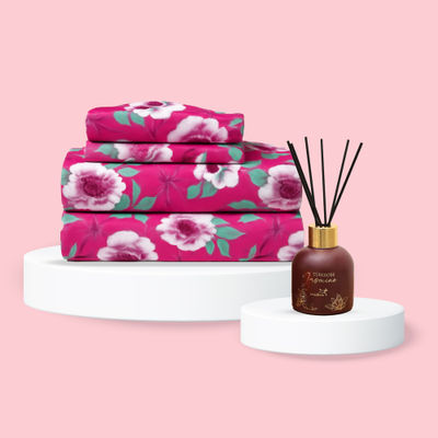 Bombay Dyeing Vista 144 Tc Queen Size Bedsheet With 2 Pillow Covers - Pink (1pc) & Igp Interflora Tuberose Luxury Reed Diffuser (1pc) Combo