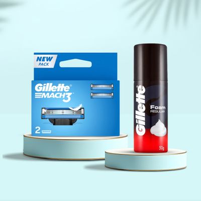 Gillette Mach 3 Shaving Razor Blades For Men (2 Cartridges) (2pc) & Gillette Regular Pre Shave Foam (50g) Combo