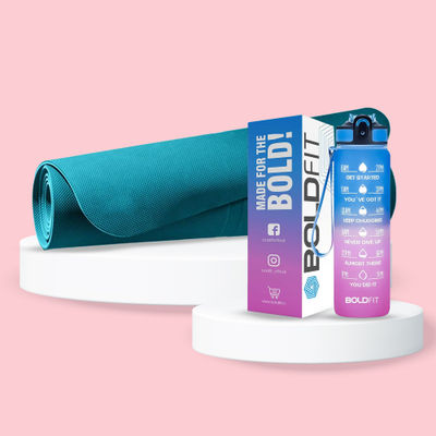 Lifelong Yoga Mat For Women & Men | Eva Material 4 Mm | Anti-Slip For Gym Workout - Sea Blue (1pc) & Boldfit Water Bottle With Motivational Time Markers 1 Litre - Fuchsia Blue (1pc) Combo