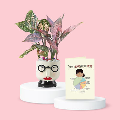 Fnp Pink Aglonema Plant With Girl Planter (1pc) & Happy Mail Thing I Love About Amma (1pc) Combo