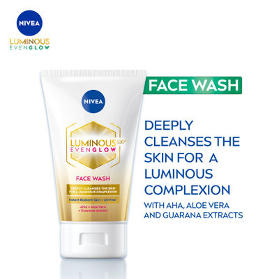 NIVEA Luminous Even Glow Face wash | Oil free formula, AHA, Aloe vera, Guarana Extract | Deep clean