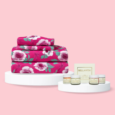 Bombay Dyeing Vista 144 Tc Queen Size Bedsheet With 2 Pillow Covers - Pink (1pc) & Bella Vita Organic Vanilla Candles - Cinnamon Lavender & Rose Aroma (240g) Combo