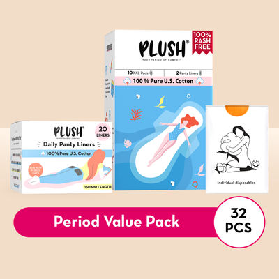 Plush Sanitary Pads - XXL (10pc) & 100% Pure US Cotton Panty Liners 150 Mm (20pc) Combo