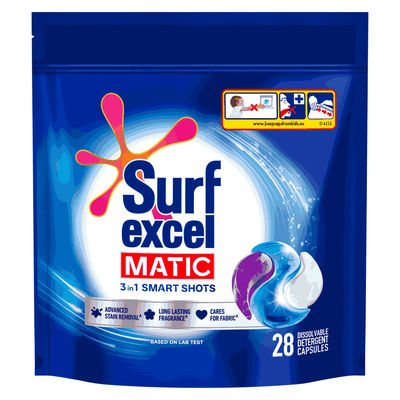 Surf Excel 3in1 Smart Shots | Pack of 28 for Front Load & Top Load Washing Machines | (28U x21g)