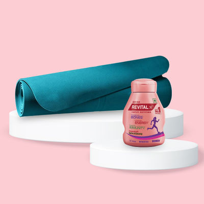 Lifelong Yoga Mat For Women & Men | Eva Material 4 Mm | Anti-Slip For Gym Workout - Sea Blue (1pc) & Revital H For Woman With Multivitamins,Calcium& Natural Ginseng For Daily Immunity(30 Tablets) (1pc) Combo