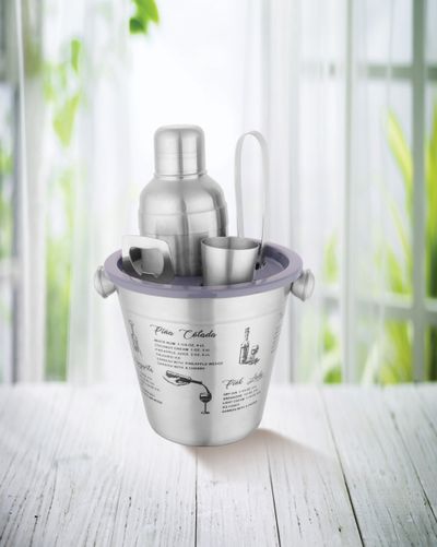 Roxx Gracia Bar Tool Set | Stainless Steel | Shaker, Jigger, Tong, Ice Bucket, Opener | Silver
