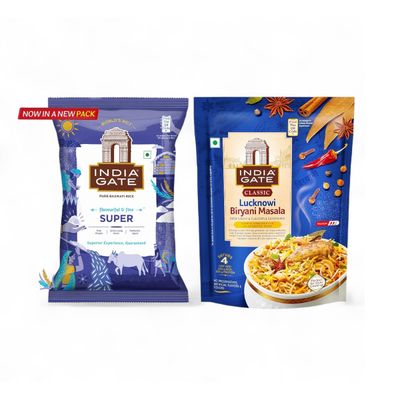 India Gate Flavourful And Fine Super Basmati Rice | Perfectly Aged Rice (1500g) & India Gate Hyderabadi Classic Biryani Masala 70 Gram (70g) Combo