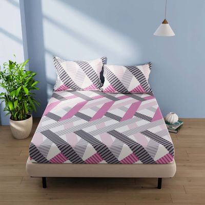 Bianca Cotton Double Bedsheet With 2 Pillow Covers 3pc Set | Serina Geometric - Pink/Multi