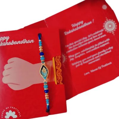 House Of Festivals Blue Shade Krishna Morpankh Pendant Rakhi With Moti - Divine Design