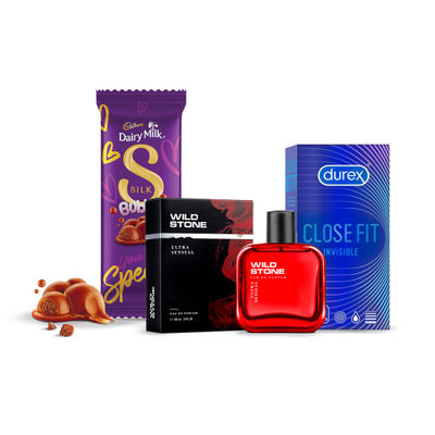 Cadbury Dairy Milk Silk Bubbly Chocolate Bar Valentine's Gift Pack(112gms), Wild Stone Ultra Sensual Perfume For Men(100ml) & Durex Close Fit Invisible Condom(10pc) Combo