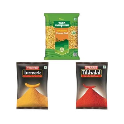 Everest Tikhalal Powder Pouch(100 gms), Everest Turmeric Powder(100 gms) & Tata Sampann Unpolished Chana Dal(500 gms) Combo