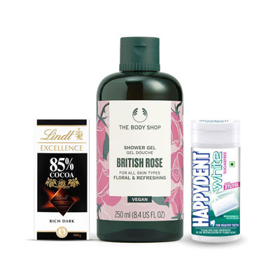 Happydent White, Xylitol Sugarfree Spearmint Flavour, Chewing Gum Pocket Bottle(24.4gms), The Body Shop British Rose Shower Gel(250ml) & Lindt Excellence 70 % Cocoa Dark Chocolate(100gms) Combo