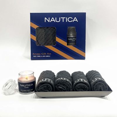 Nautica [5Pc] Fluffy Zero Twist 100% Cotton Towel -4-Face 1-Jar Candle | Cross View) Solid-Grey