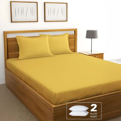 Bianca Super Soft 100% Cotton Satin Stripe Double Bedsheet With 2 Pillow Covers | Hilton StripeGold