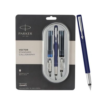 Parker Vector Standard Calligraphy Chrome Trim Fountain Pen Blue Body(Blue Ink)