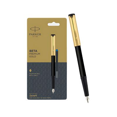 Parker Beta Premium Fountain Pen Coated Clip GoldFinish Cap With1Ink Cartridge Ink Color Blue Gifts