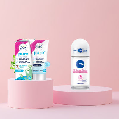 Veet Pure Hair Removal Cream - Sensitive Skin(50gms) & Roll-On Whitening Floral 50(50ml) Combo