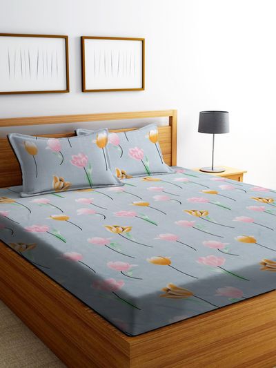 Dream Living Floral | 90 Gsm Double Bedsheet With 2 Pillow Covers, Grey