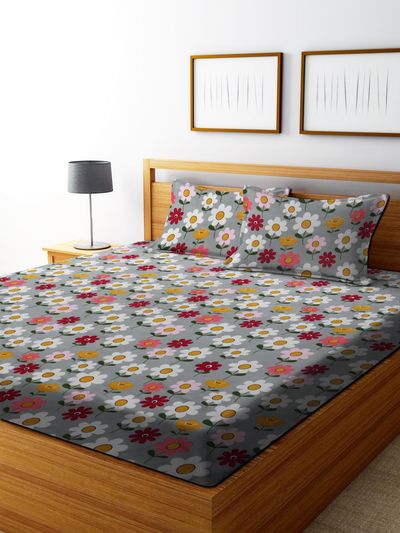 Dream Living Floral Grey | 120 Gsm Double Bedsheet With 2 Pillow Covers