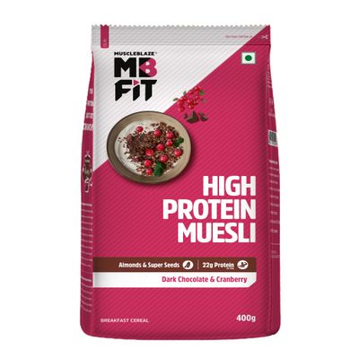 MuscleBlaze High Protein Muesli, (Dark Chocolate & Cranberry), Rich in Fibre & Protein