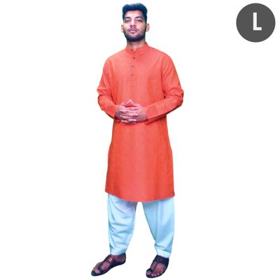EQL Men's Cotton Linen Button Placket Long Kurta for Men | Red - L