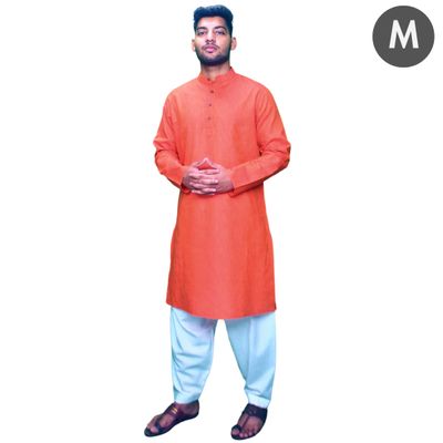 Eql Cotton Linen Long Kurta for Men | Red | M | Button Placket